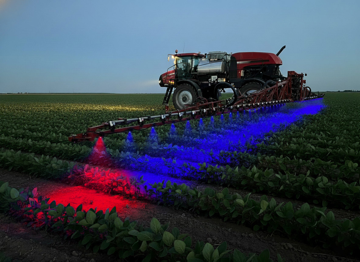 LED nozzle lighting kit on sprayer boom at night